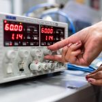 Technician calibrating a precision measurement instrument in a lab