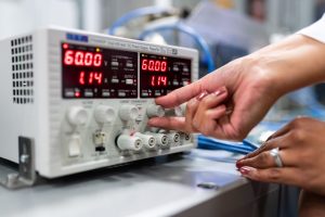 Technician calibrating a precision measurement instrument in a lab