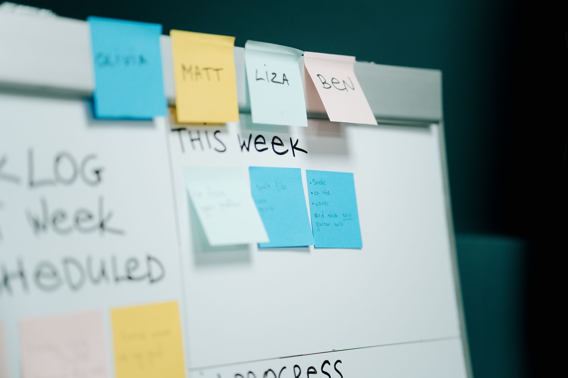 Weekly planning board with sticky notes assigning tasks for the week