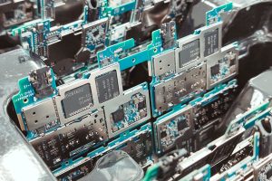 Electronic components on an assembly line