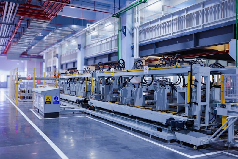 Clean, organised production line in a brightly lit manufacturing plant