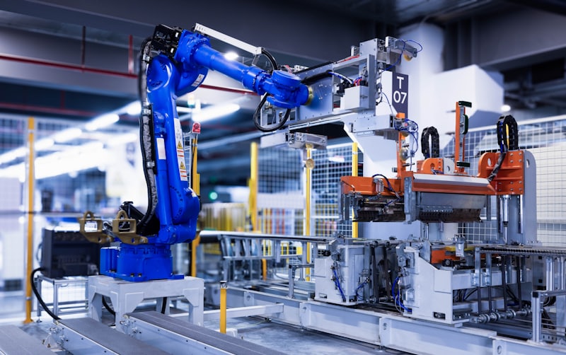 Blue industrial robot arm on an automated production line