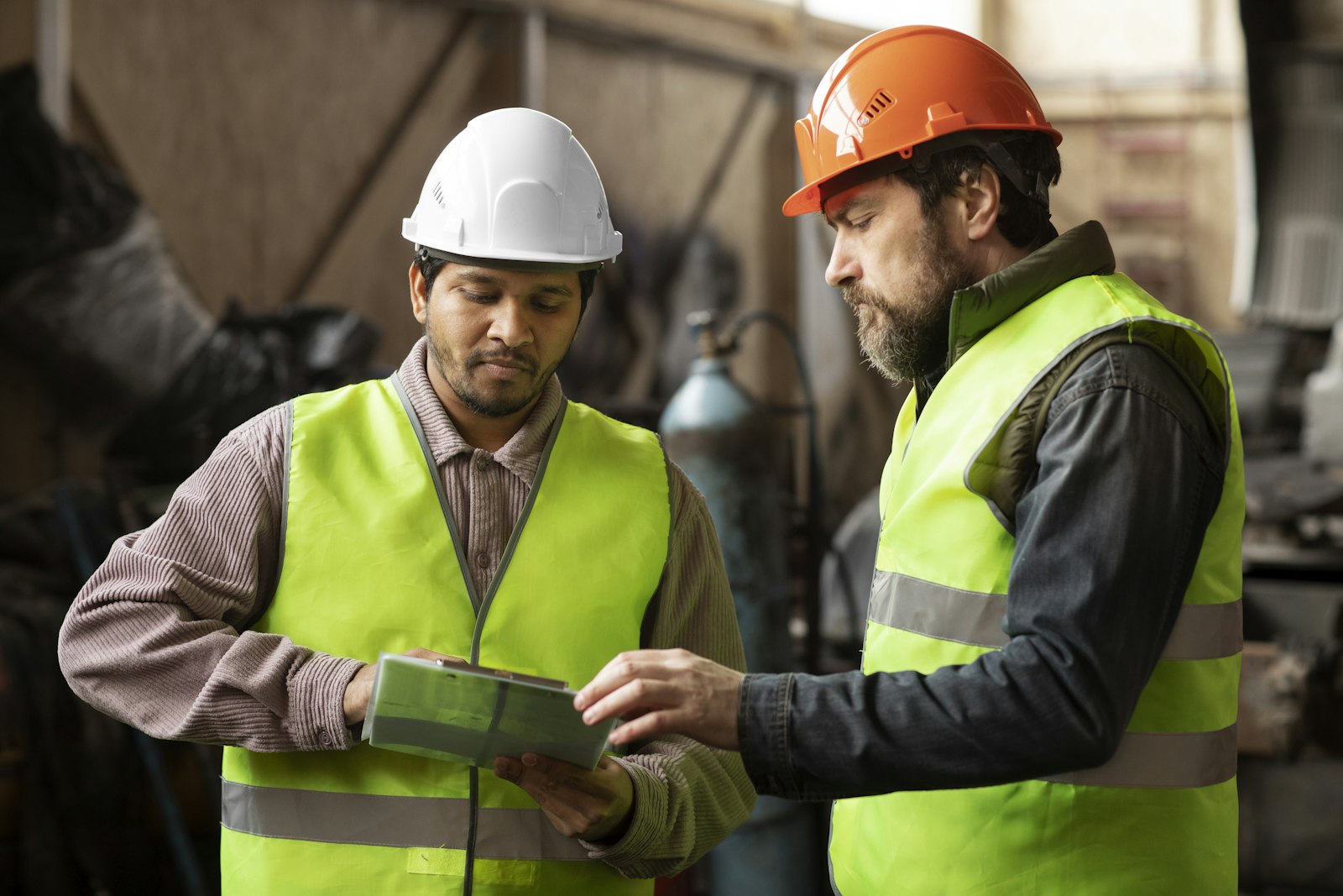 Two manufacturing workers reviewing a work order together on the shop floor