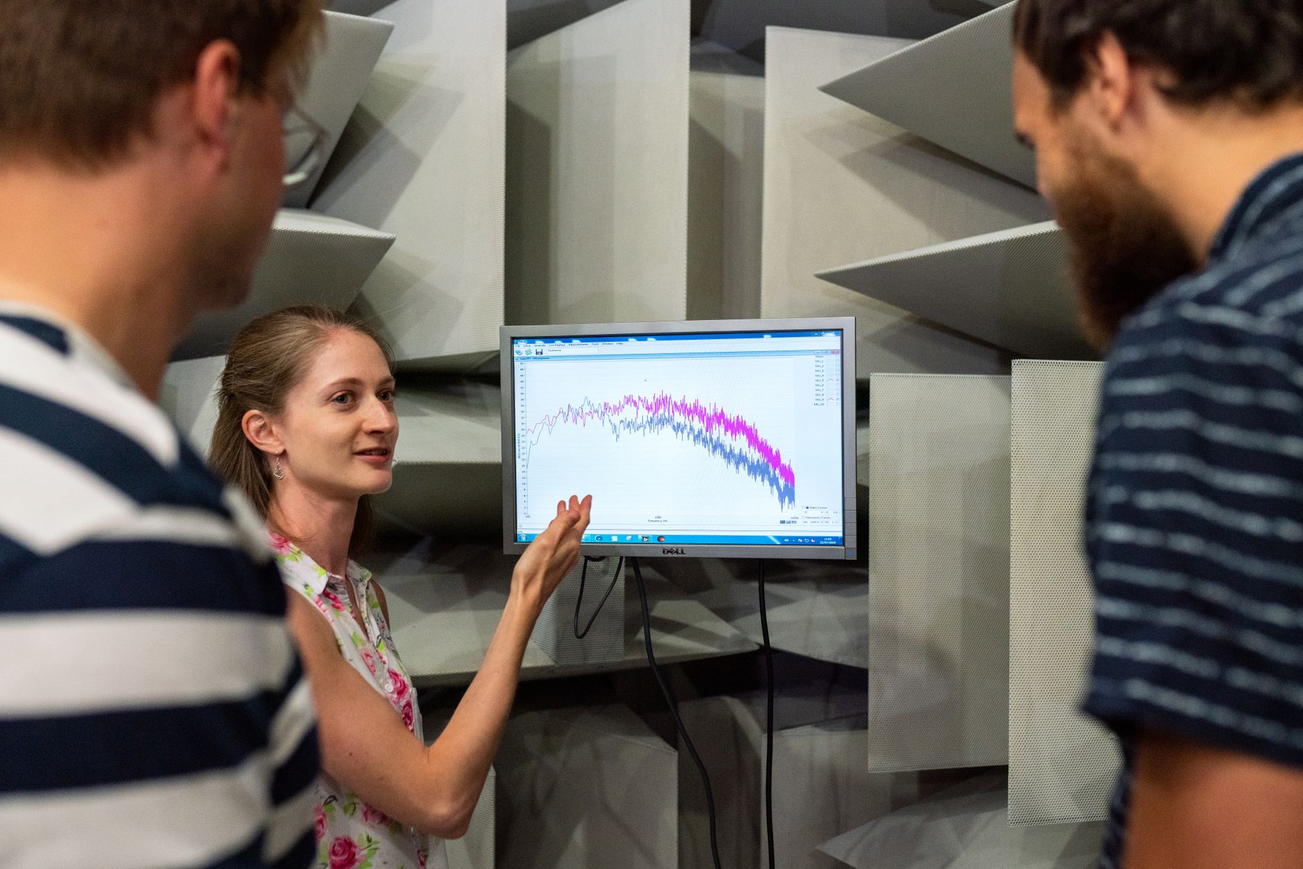 Engineer analyzing a vibration frequency spectrum on a screen